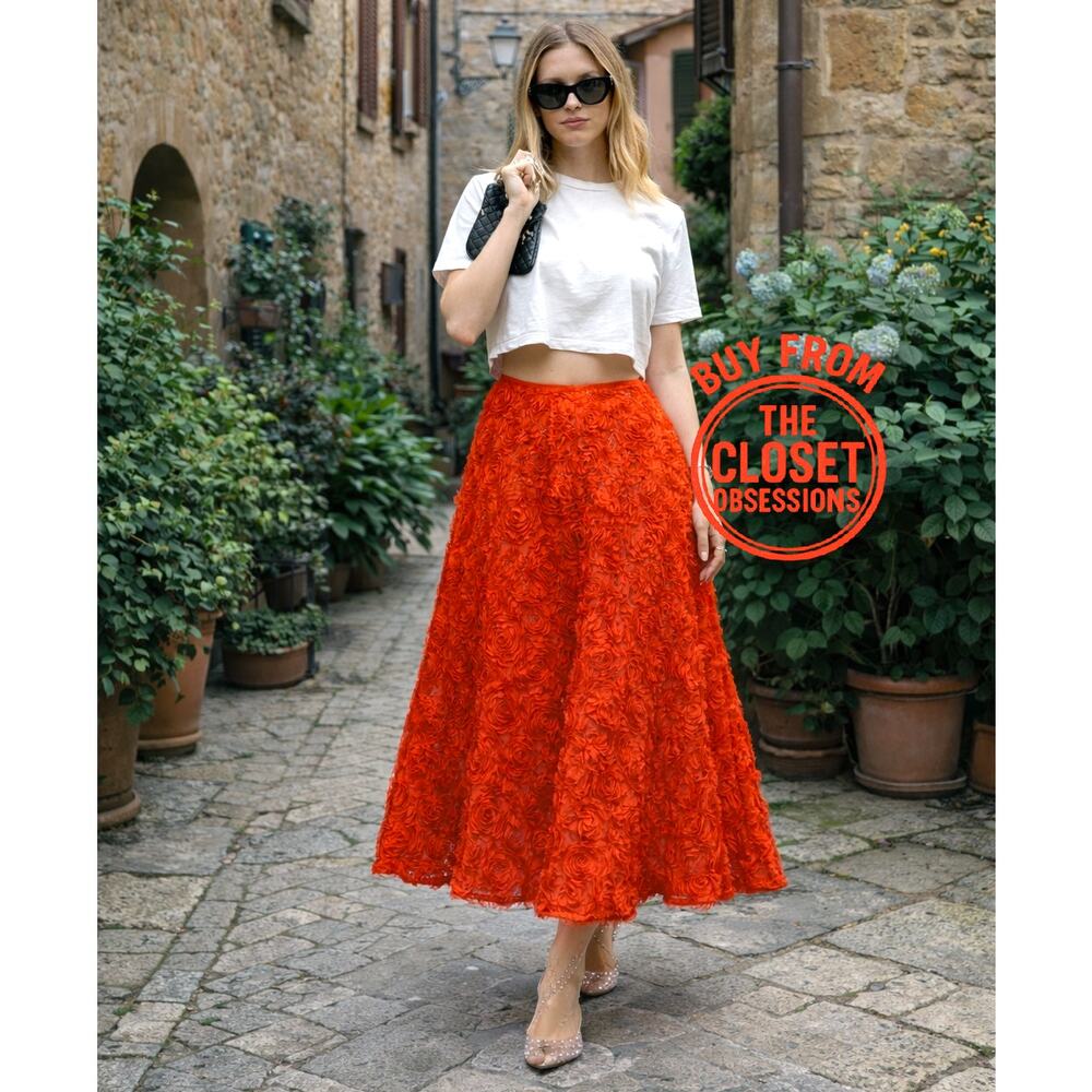 ZARA Floral Voluminous Midi Skirt NWT | Red Textured A-Line - Picture 3 of 16